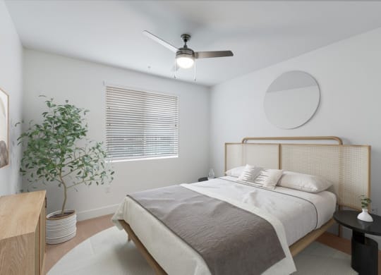 Mode bedroom with large window and variable speed ceiling fan