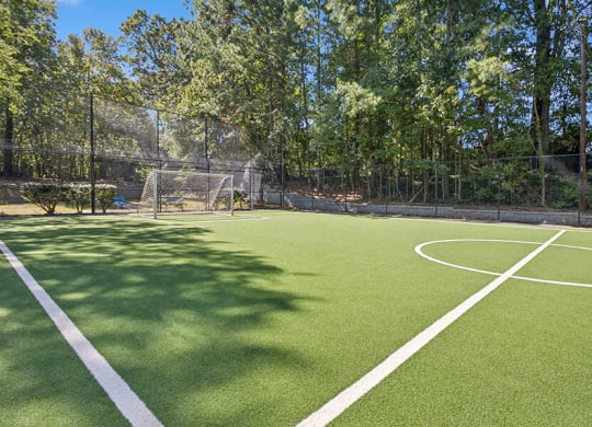 Community Soccer Field with Nets at Arbor Village Apartments located in Charlotte, NC.