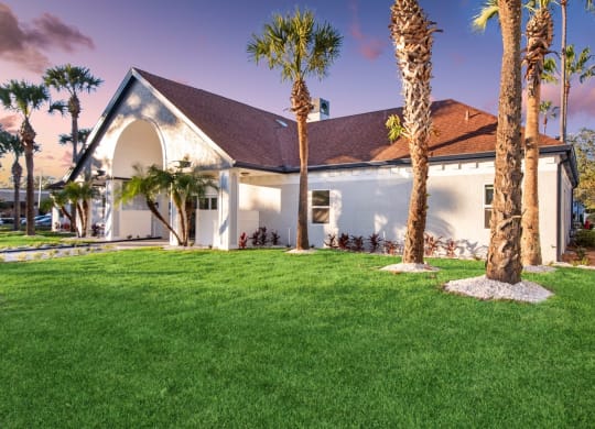 the front of a house with palm trees and grass