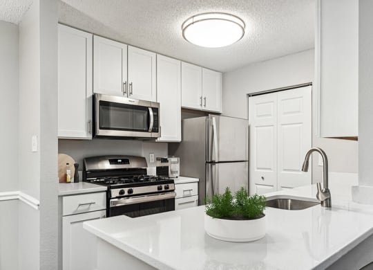 Model Kitchen with White Cabinets and Wood-Style Flooring at Commons at Haynes Farm Apartments in Shrewsbury, MA.