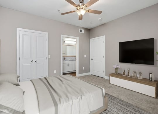 Model bedroom with bathroom