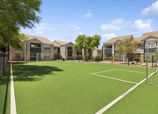 Community Soccer Field with Nets at Monterra Apartments located in Las Vegas, NV.
