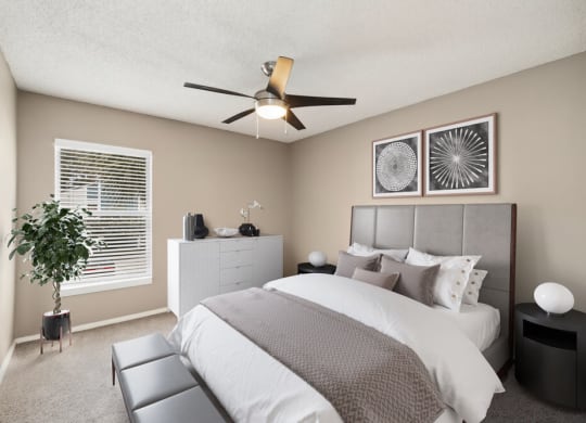 Model bedroom at Vue at Baymeadows Apartments in Jacksonville, Florida