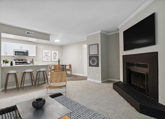 Model Living Room and Dining Room Area with Kitchen View at Arbor Village Apartments in Charlotte, NC.