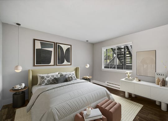 Model Bedroom with Wood-Style Flooring and Window View at Central Flats Apartments in Kent, WA.