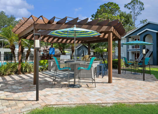Patio with a pergola, tables, and chairs at Retreat at Crosstown Apartments