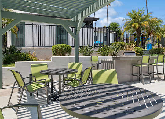 Outdoor BBQ Area with Canopy and Picnic Tables at Fullerton Hills Apartments located in Fullerton, CA.