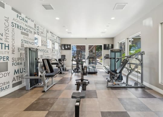 Community Fitness Center with Equipment & Window View at Forest Park Apartments in El Cajon, CA.