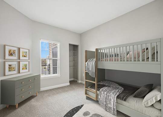Model Bedroom with Carpet and Walk In Closet at Dulles Green Apartments located in Herndon, VA.