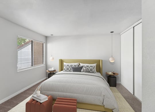 Model Bedroom with Carpet and Closet at Creek at 2645 Apartments located in Sacramento, CA.