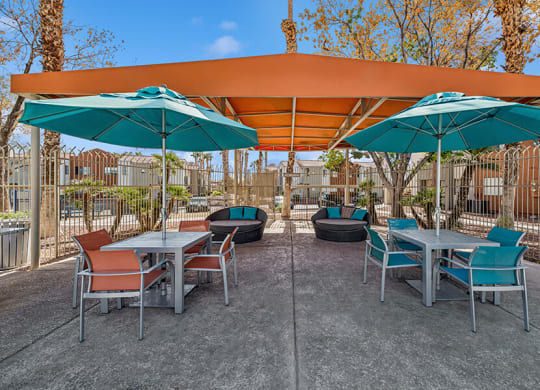 Community Sundeck with Canopy and Lounge Furniture at Stonegate Apartments located in Las Vegas, NV.
