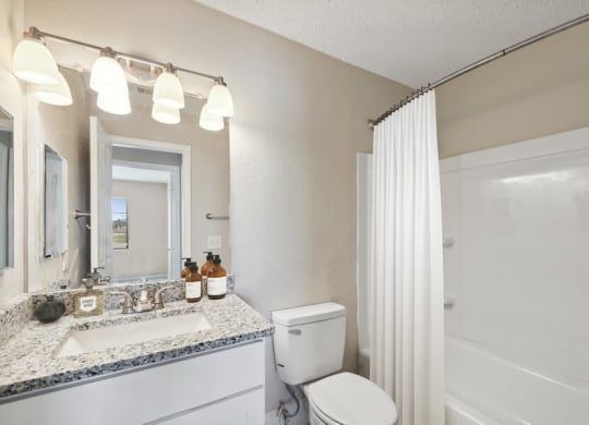 Model bathroom with white vanity