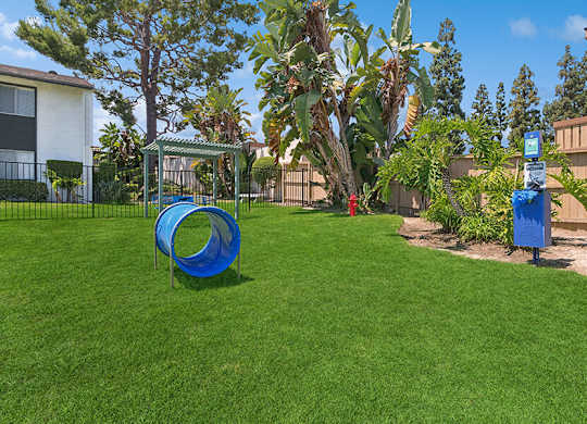 Community Dog Park with Agility Equipment at Fullerton Hills Apartments located in Fullerton, CA.