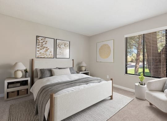 Model apartment bedroom with a bed at Saratoga Ridge, Phoenix, Arizona, 85022