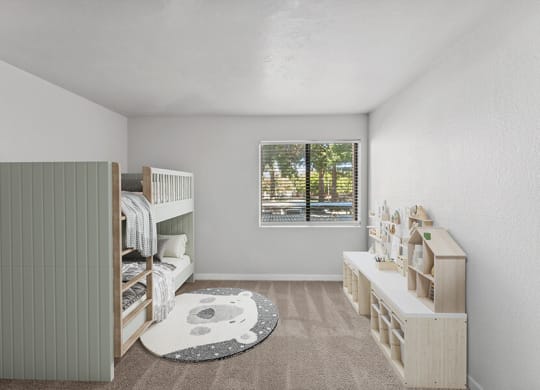 Model Bedroom with Carpet and Window View at Creek at 2645 Apartments located in Sacramento, CA.