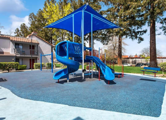 Community Playground with a Slide, Swing Set and Blue Canopy at Creek 2645 Apartments in Sacramento, CA.