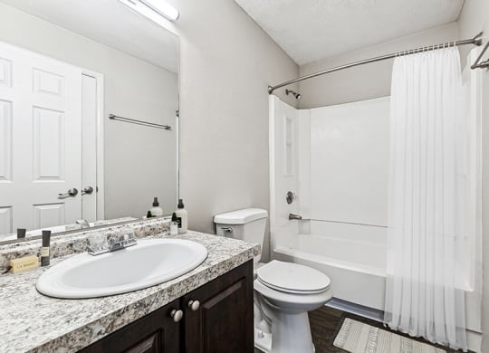 Model Bathroom with Dark Cabinets, Wood-Style Flooring and Shower/Tub at Paramont Apartments in Duluth, GA.