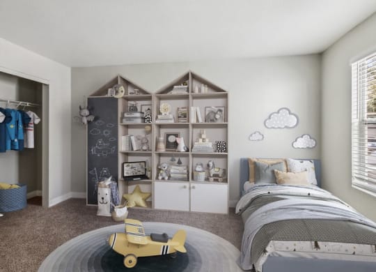 Model bedroom with a bed and a bookcase