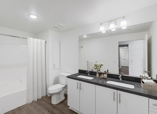 Model bathroom with double-sink vanity