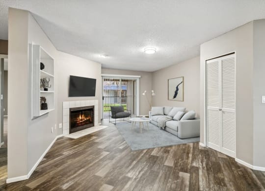 Model living room and fireplace