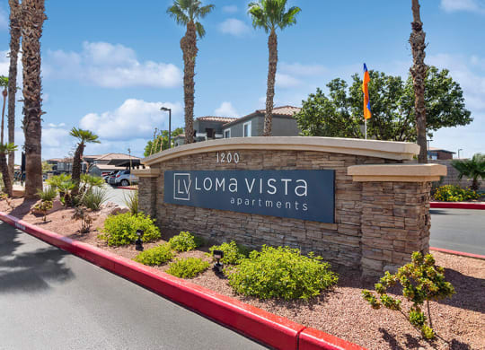 Monument Sign and Front Entrance at Loma Vista Apartments in Las Vegas, NV.