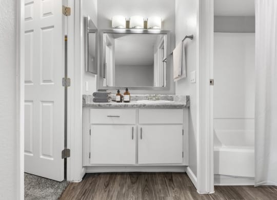 Model bathroom with white vanity