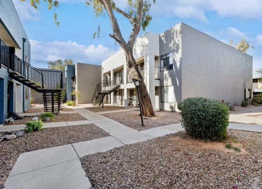 apartment building exterior and walkway