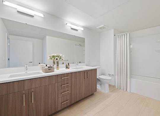 Model bathroom with dual-sink vanity