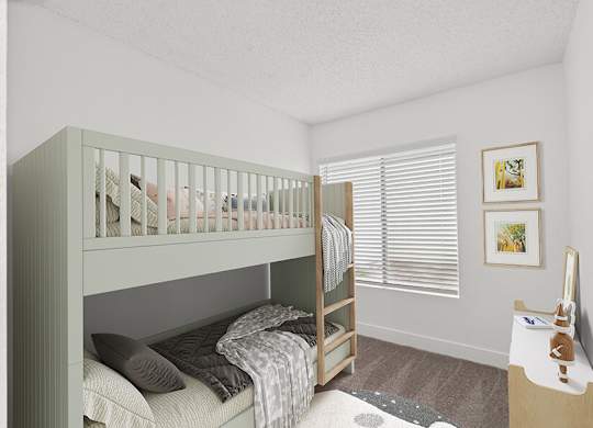 Model Bedroom with Carpet and Window View at Horizon Apartments located in Santa Ana, CA.