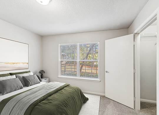 Model Living Room with Carpet and Walk In Closet at Lake Cameron Apartments located in Apex, NC.