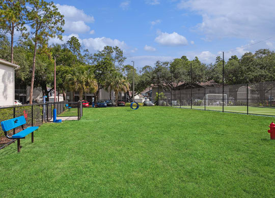 Fenced dog park with agility equipment at Retreat at Crosstown Apartments