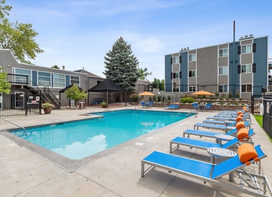 Poolside lounge chairs and cabanas