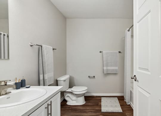 Model Bathroom with Bathtub/Shower, Wood-Style Flooring & White Cabinets at Loma Vista Apartments in Las Vegas, NV.