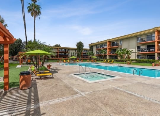 Poolside lounge chairs and cabanas