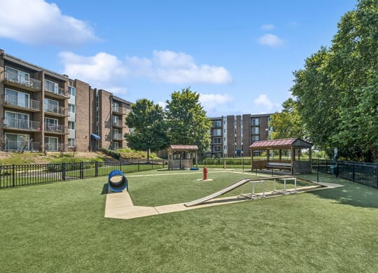 Community Dog Park with Agility Equipment at Mason Van Dorn Apartments located in Alexandria, VA.
