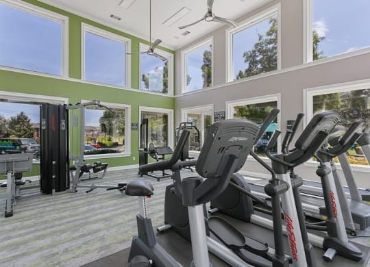 Fitness center showcasing double large windows and state of the art machines
