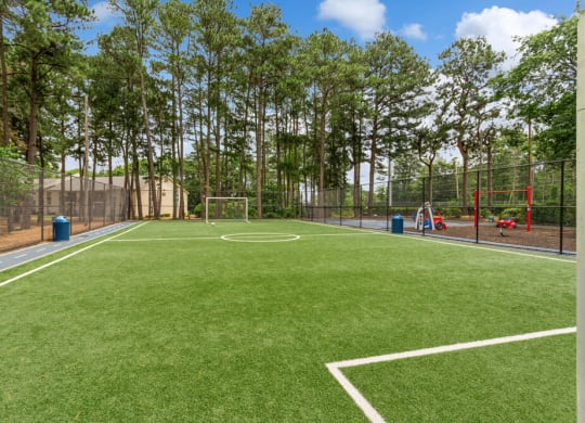Soccer field with a soccer goal and a playground in the background