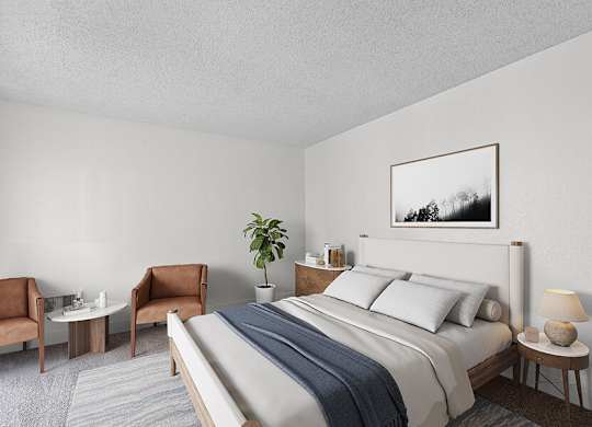 Model Bedroom with Carpet at Horizon Apartments located in Santa Ana, CA.