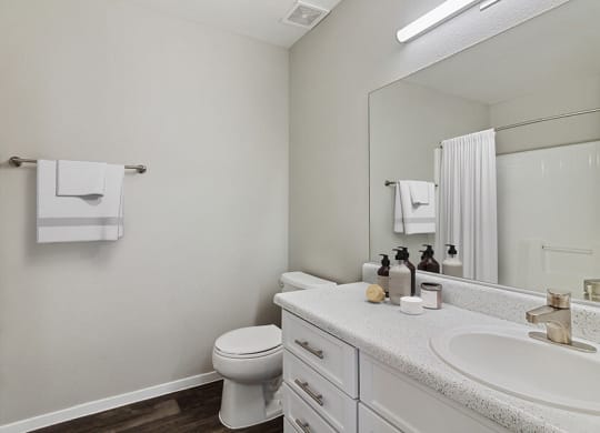 Model Bathroom with Wood-Style Flooring at Verraso Apartments in Las Vegas, NV.