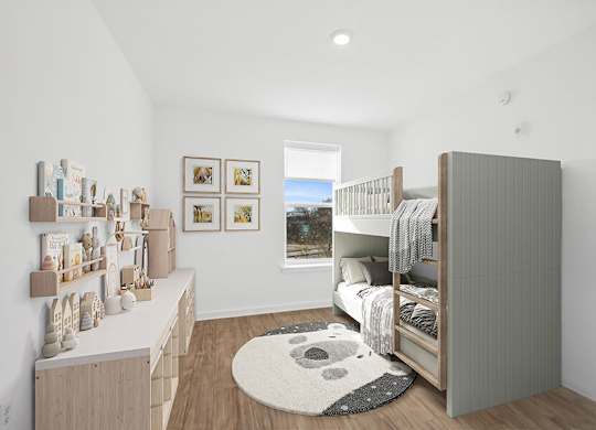 Model Bedroom with Wood-Style Flooring and Window View at Stella Apartments located in New Carrollton, MD.