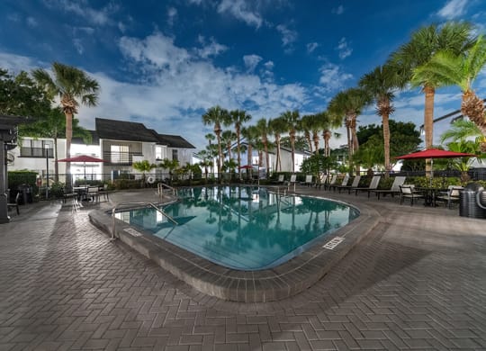Community Swimming Pool with Pool Furniture at Rosehill Preserve Apartments located in Orlando, FL.
