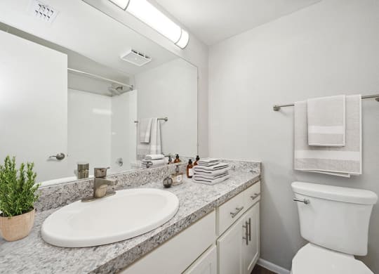 Model Bathroom with Wood-Style Flooring and White Cabinets at Country Club Verandas Apartments located in Mesa, AZ.