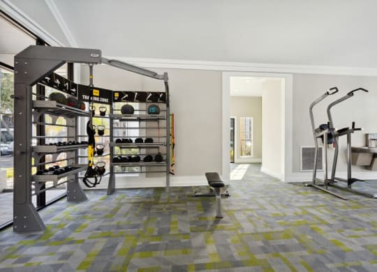Indoor Fitness Center Weight Area at Caribbean Breeze Apartments in Tampa, FL.