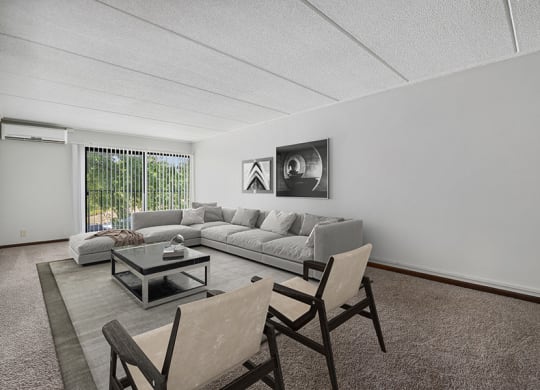 Model Classic Unit Living Room with Carpet at Elevate on Parkway, Burnsville, Minnesota