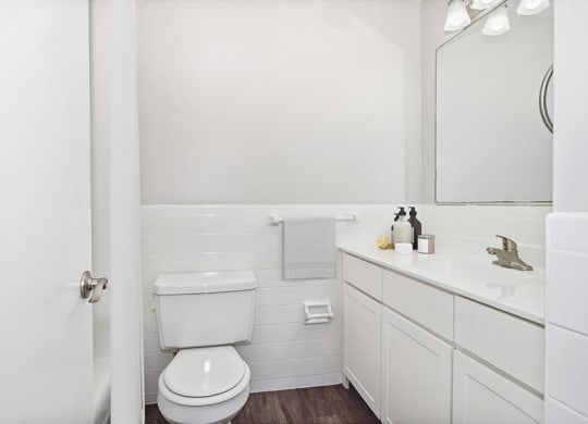 Model bathroom with a toilet, sink, and mirror  at Stone Ends apartments in Stoughton, MA