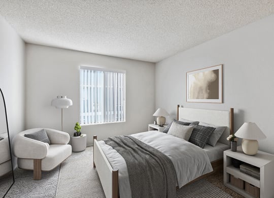 Model Bedroom with Carpet and Window View at Bridges on Sunset Apartments in Suisun City, CA.
