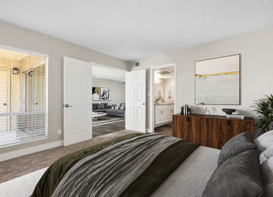 Model apartment bedroom at Villages at Metro Center, Phoenix, Arizona
