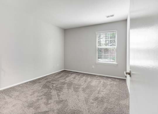 A room with a carpeted floor and a window with blinds.