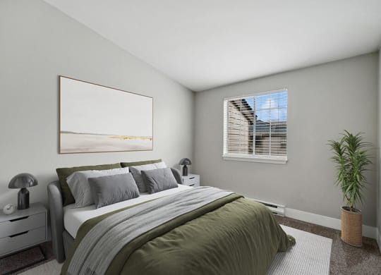 Model Bedroom with Carpet and Window View at Central Flats Apartments in Kent, WA.