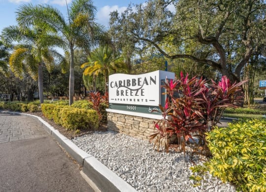 Monument Sign and Landscaping at Caribbean Breeze Apartments in Tampa, FL.